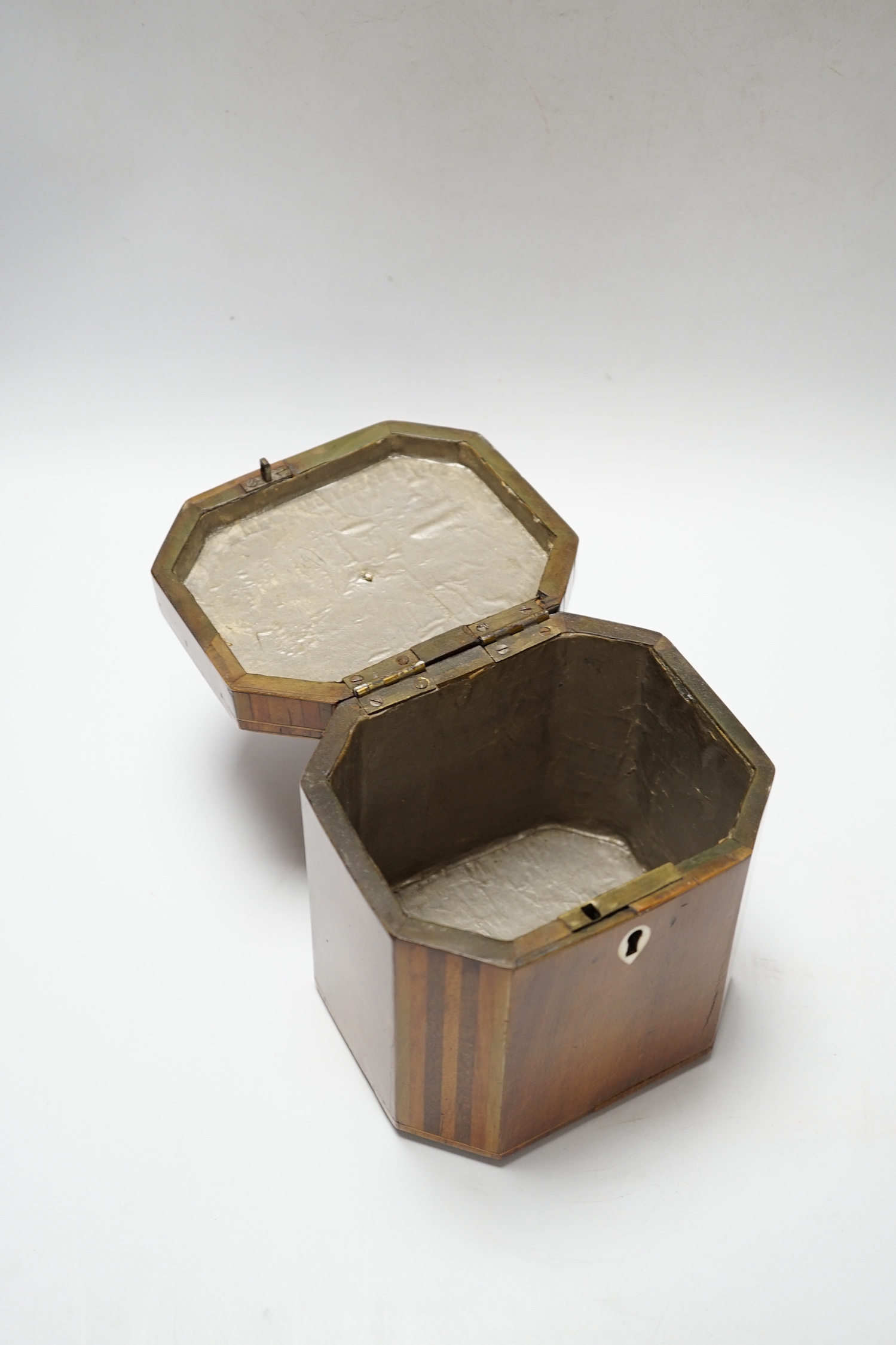 A Regency inlaid octagonal tea caddy and ivory escutcheon lock, 13cm high CITES Submission reference L5T8A768